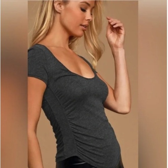 Free People Shirt Womens XS Black Sonnet Ruched Scoop Neck Tee Short Sleeve Top - Picture 1 of 6